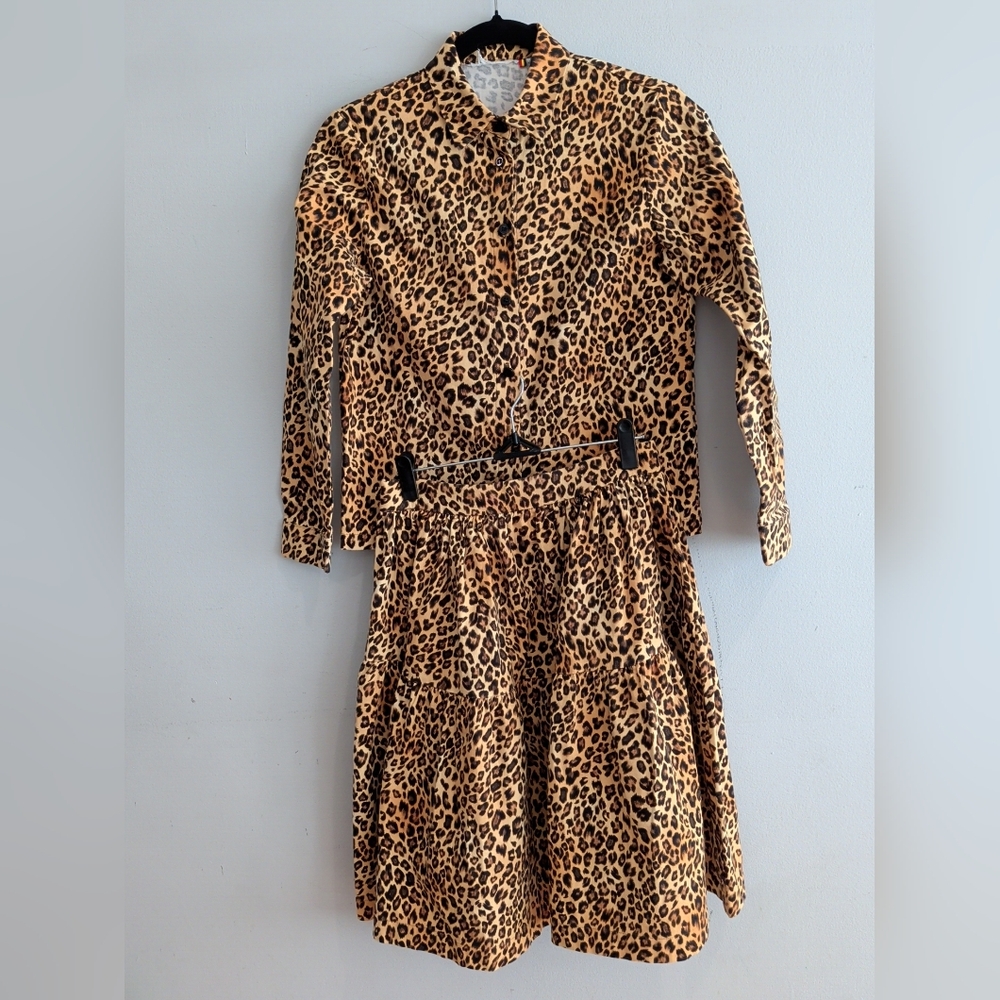Caroline Bosmans Long Sleeve Button Down Shirt Skirt Set Leapard Animal Print 14
